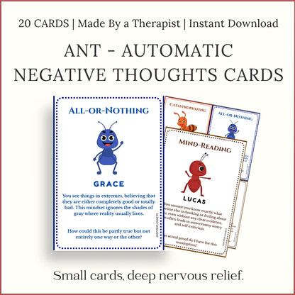 Printable ANT cards for kids – automatic negative thoughts activities to challenge all-or-nothing, mind reading, and catastrophizing.