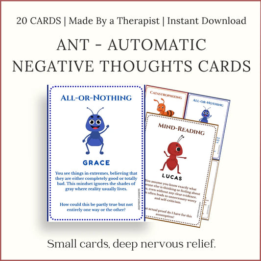 Printable ANT cards for kids – automatic negative thoughts activities to challenge all-or-nothing, mind reading, and catastrophizing.