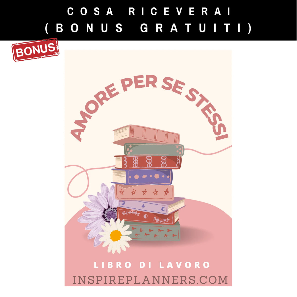 Quaderno Amore per se stessi in italiano, bonus del planner ADHD, con copertina illustrata da una pila di libri e fiori.