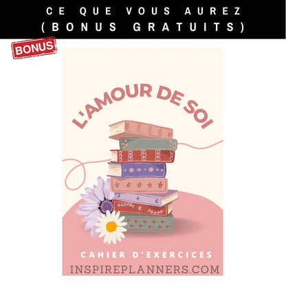 Cahier d’exercices L’Amour de soi en français, bonus du planificateur TDAH, avec couverture illustrée de livres empilés et de fleurs.