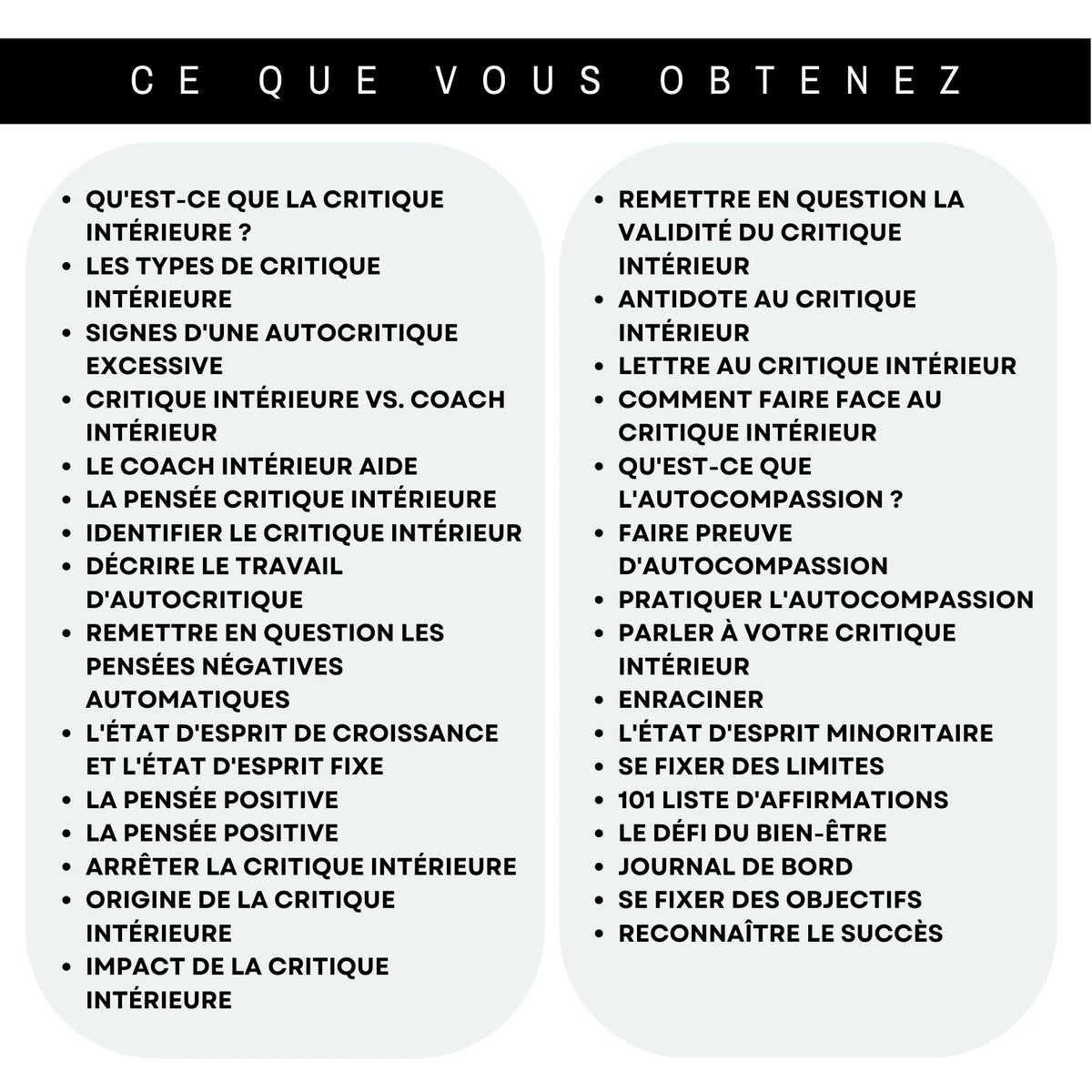 Sommaire du cahier sur le critique intérieur en français : autocritique, pensées automatiques, autocompassion, limites et objectifs personnels.