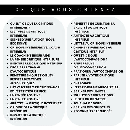 Sommaire du cahier sur le critique intérieur en français : autocritique, pensées automatiques, autocompassion, limites et objectifs personnels.