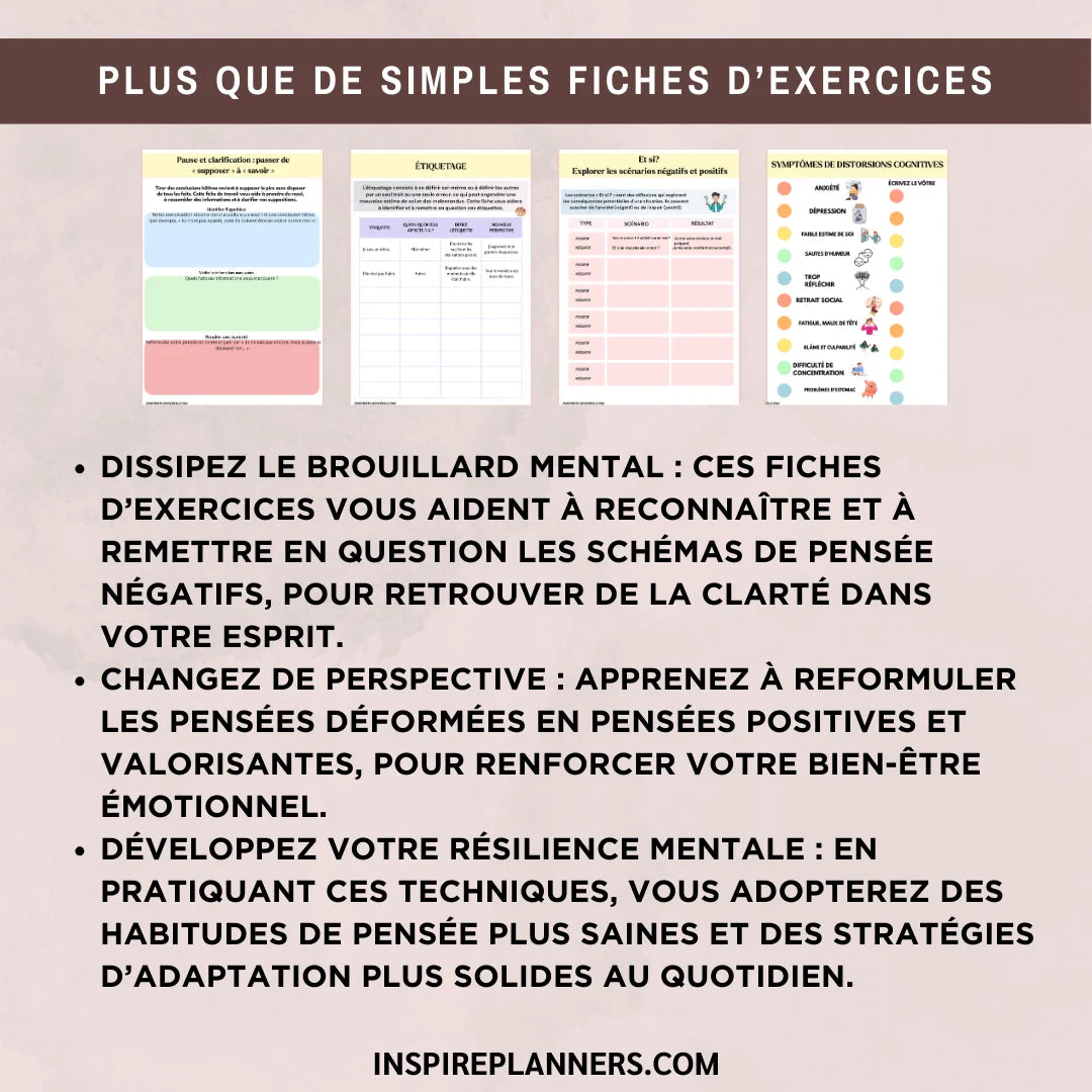 Aperçu des exercices sur les distorsions cognitives en français, avec clarification des pensées, étiquetage et exploration de différents scénarios.