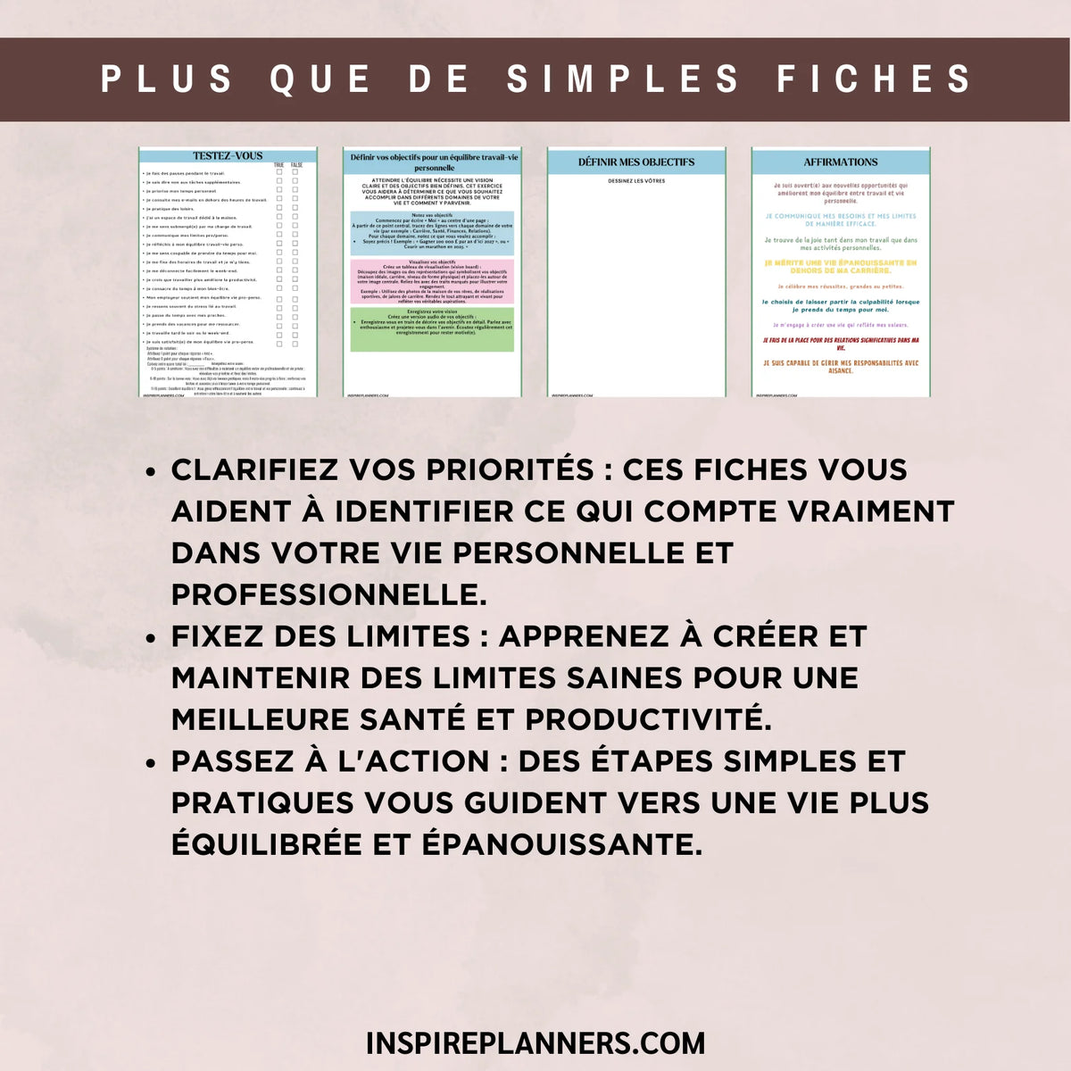 Aperçu des exercices sur l’équilibre travail-vie personnelle en français, avec autoévaluation, définition des objectifs et affirmations.
