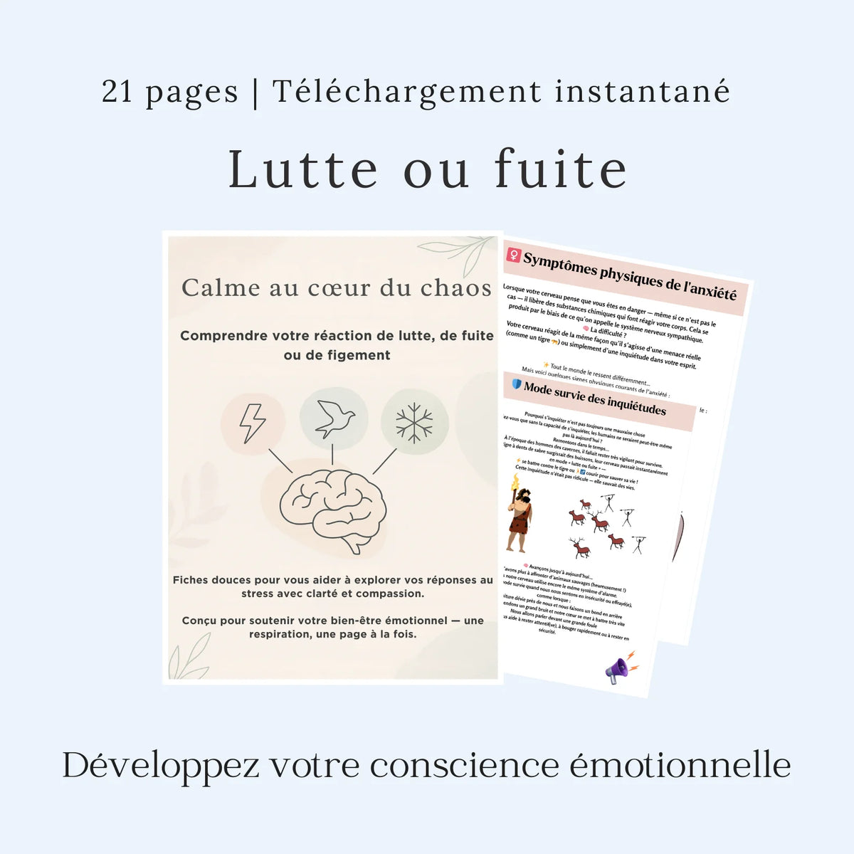 Cahier Lutte ou fuite de 21 pages en français, avec exercices sur les réactions au stress et les symptômes physiques de l’anxiété.