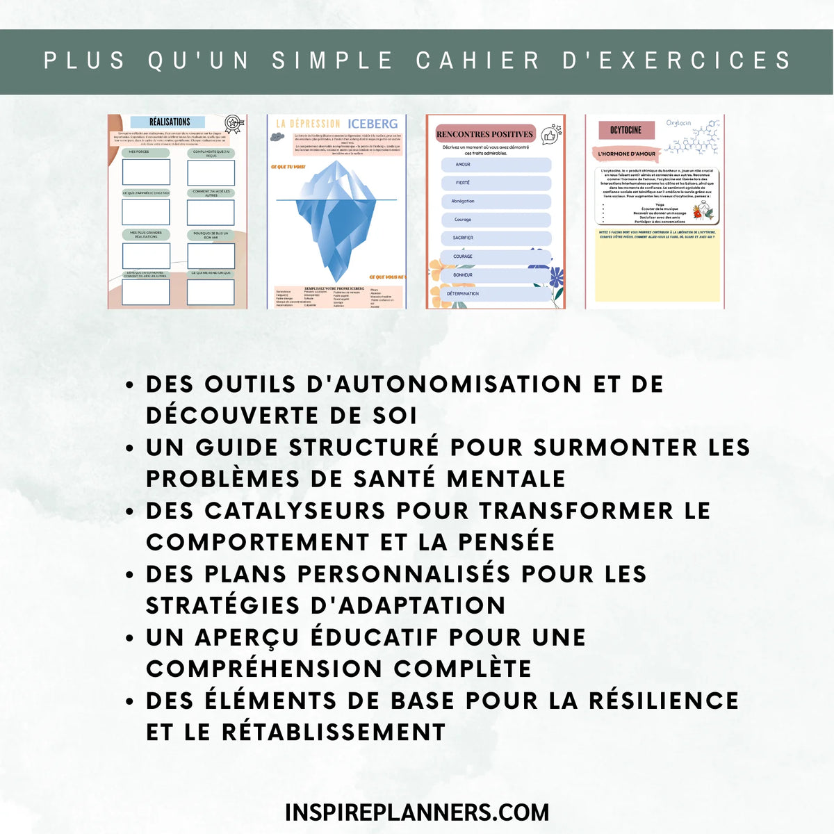 Aperçu du cahier Spirale de dépression en français, avec fiches sur les réussites personnelles, l’iceberg de la dépression et les expériences positives.