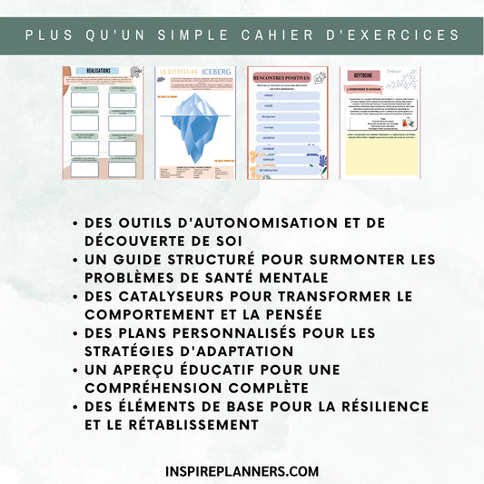 Aperçu du cahier Spirale de dépression en français, avec fiches sur les réussites personnelles, l’iceberg de la dépression et les expériences positives.