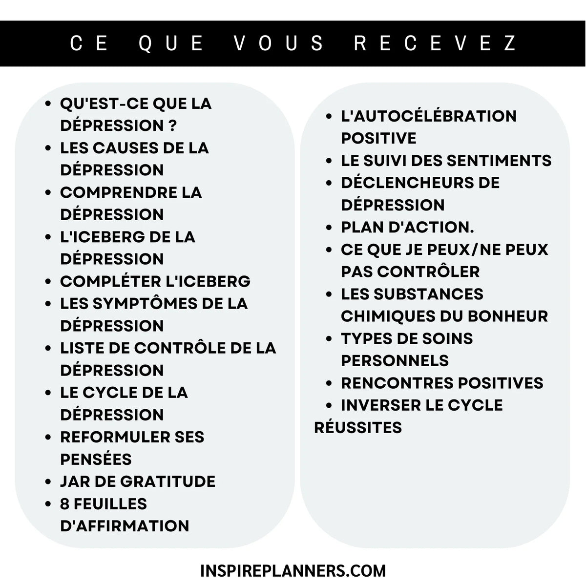 Sommaire du cahier Spirale de dépression en français : pensées, émotions, gratitude, affirmations, plan d’action et soin de soi.