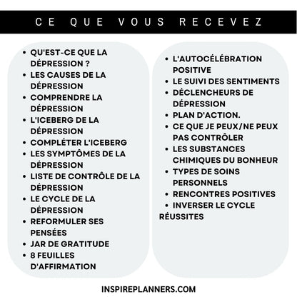 Sommaire du cahier Spirale de dépression en français : pensées, émotions, gratitude, affirmations, plan d’action et soin de soi.