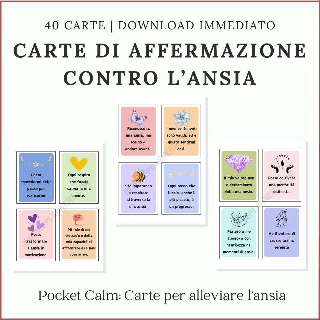 Anteprima di 40 carte di affermazioni per l’ansia in italiano, con illustrazioni colorate e messaggi di calma e autocompassione.