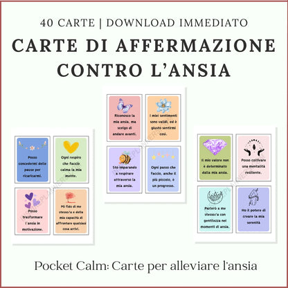 Anteprima di 40 carte di affermazioni per l’ansia in italiano, con illustrazioni colorate e messaggi di calma e autocompassione.