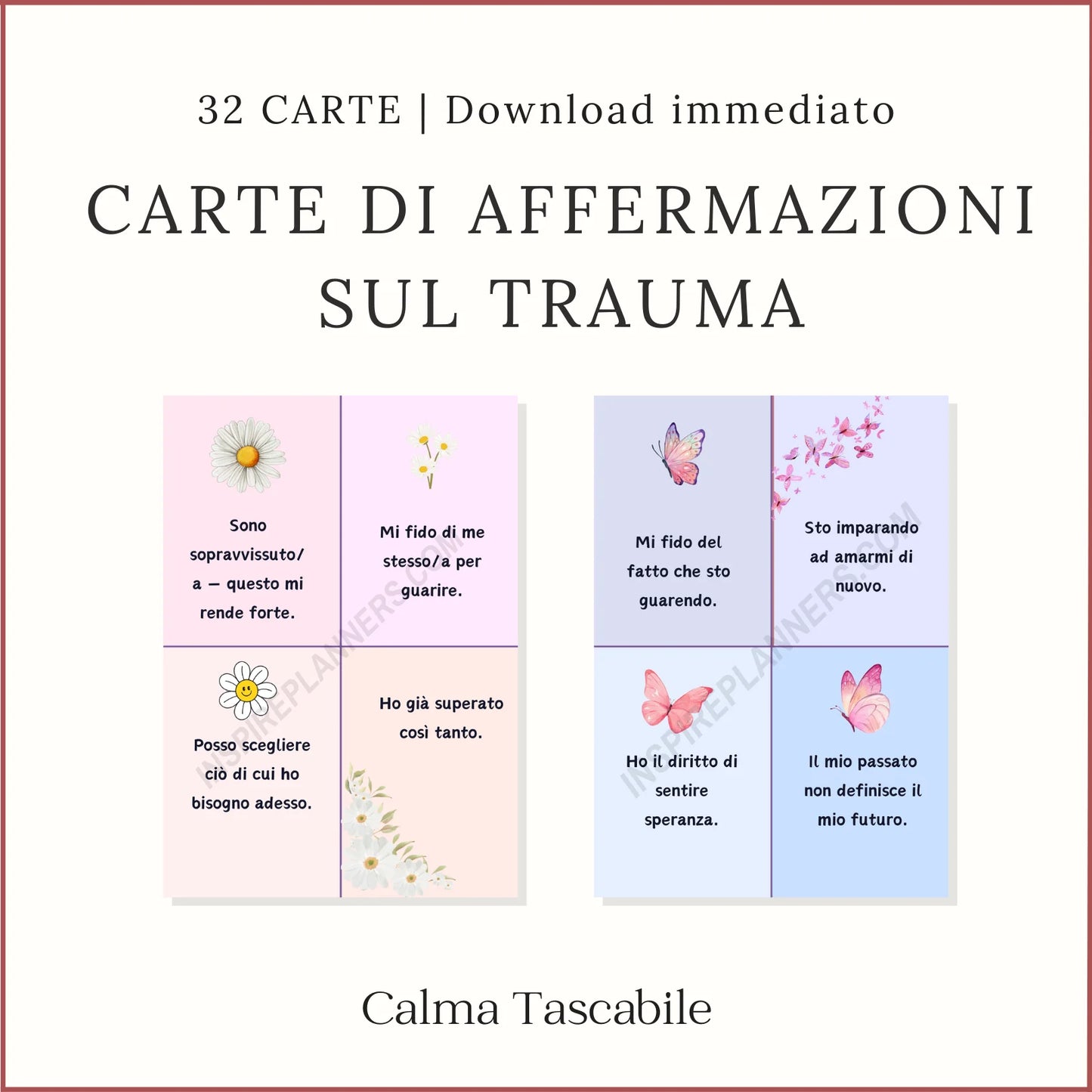 Carte di affermazioni sul trauma in italiano per calmare la mente, ritrovare sicurezza e rafforzare la guarigione emotiva.