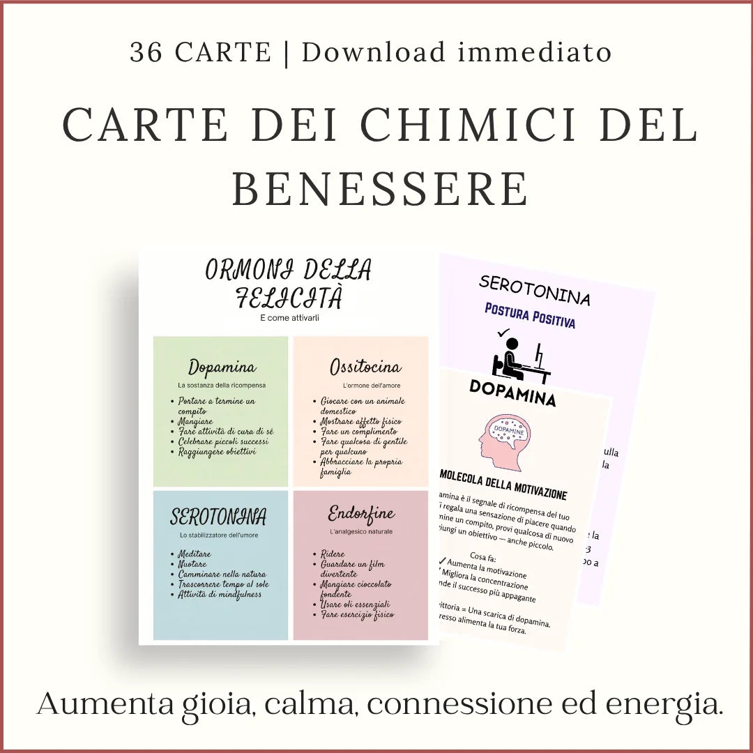 Carte della chimica del benessere in italiano, con schede su dopamina, serotonina, ossitocina ed endorfine e attività di cura di sé.