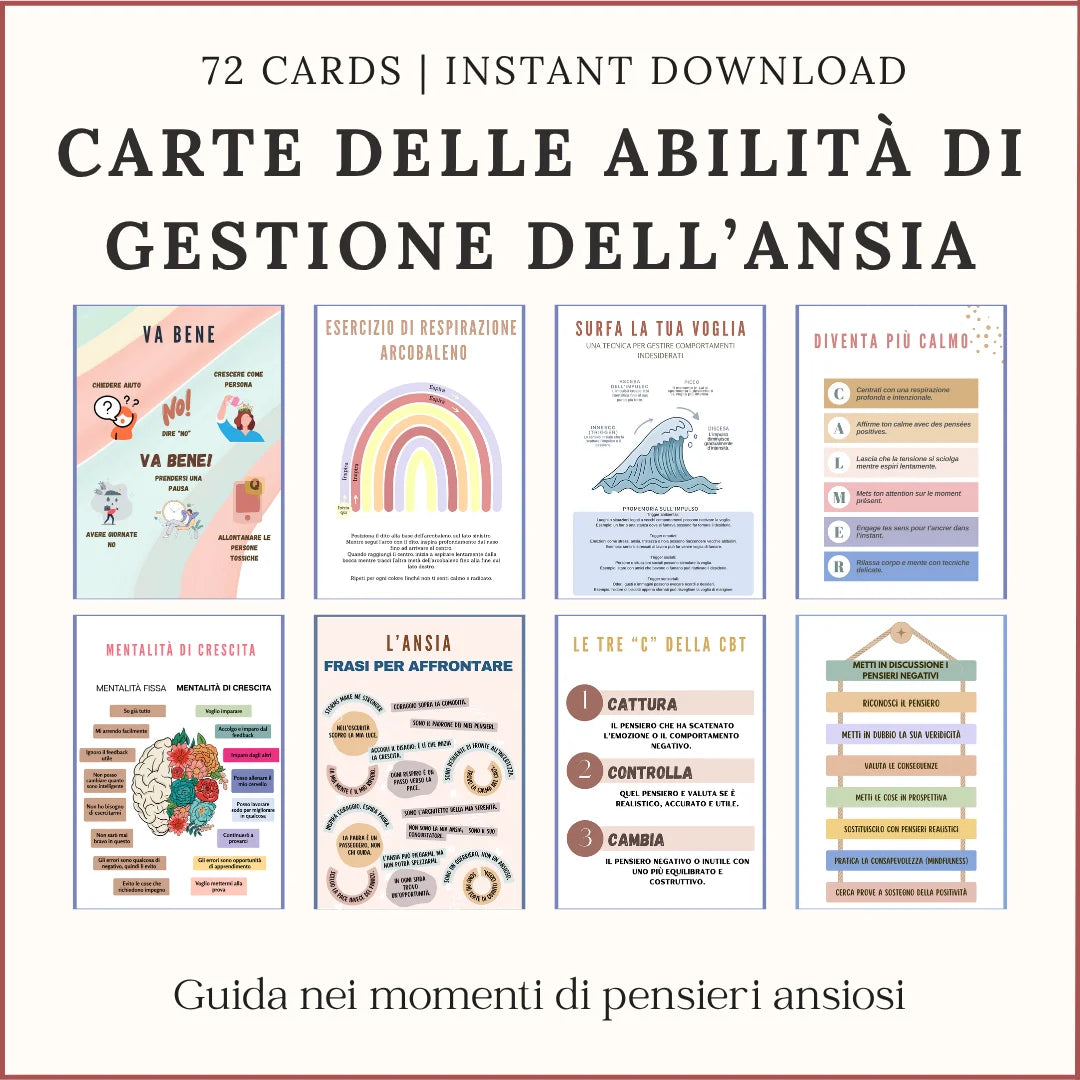 Carte stampabili per la gestione dell’ansia in italiano, con respirazione arcobaleno, strategie di calma e riformulazione dei pensieri.
