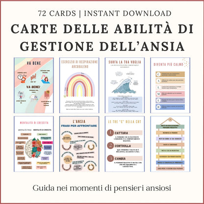 Carte stampabili per la gestione dell’ansia in italiano, con respirazione arcobaleno, strategie di calma e riformulazione dei pensieri.