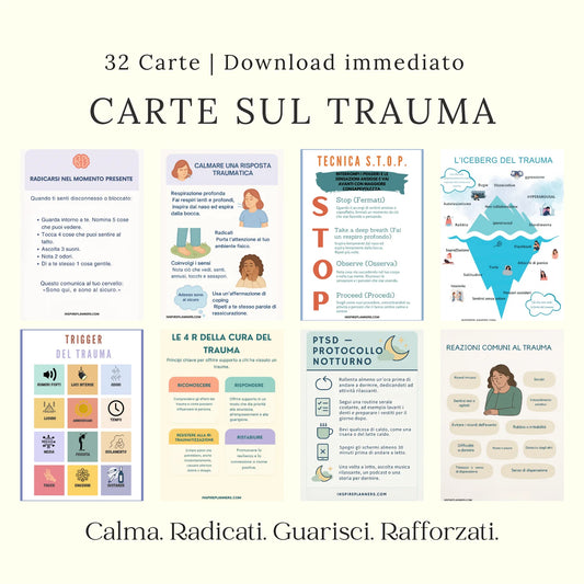 Carte sul trauma in italiano con tecniche pratiche per gestire ansia, flashback e risposte di lotta o fuga.
