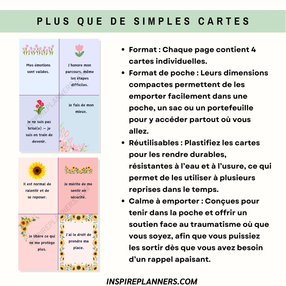 Exemples de cartes d’affirmations sur le traumatisme en français, avec messages bienveillants, fleurs et fonds pastel, à quatre cartes par page.