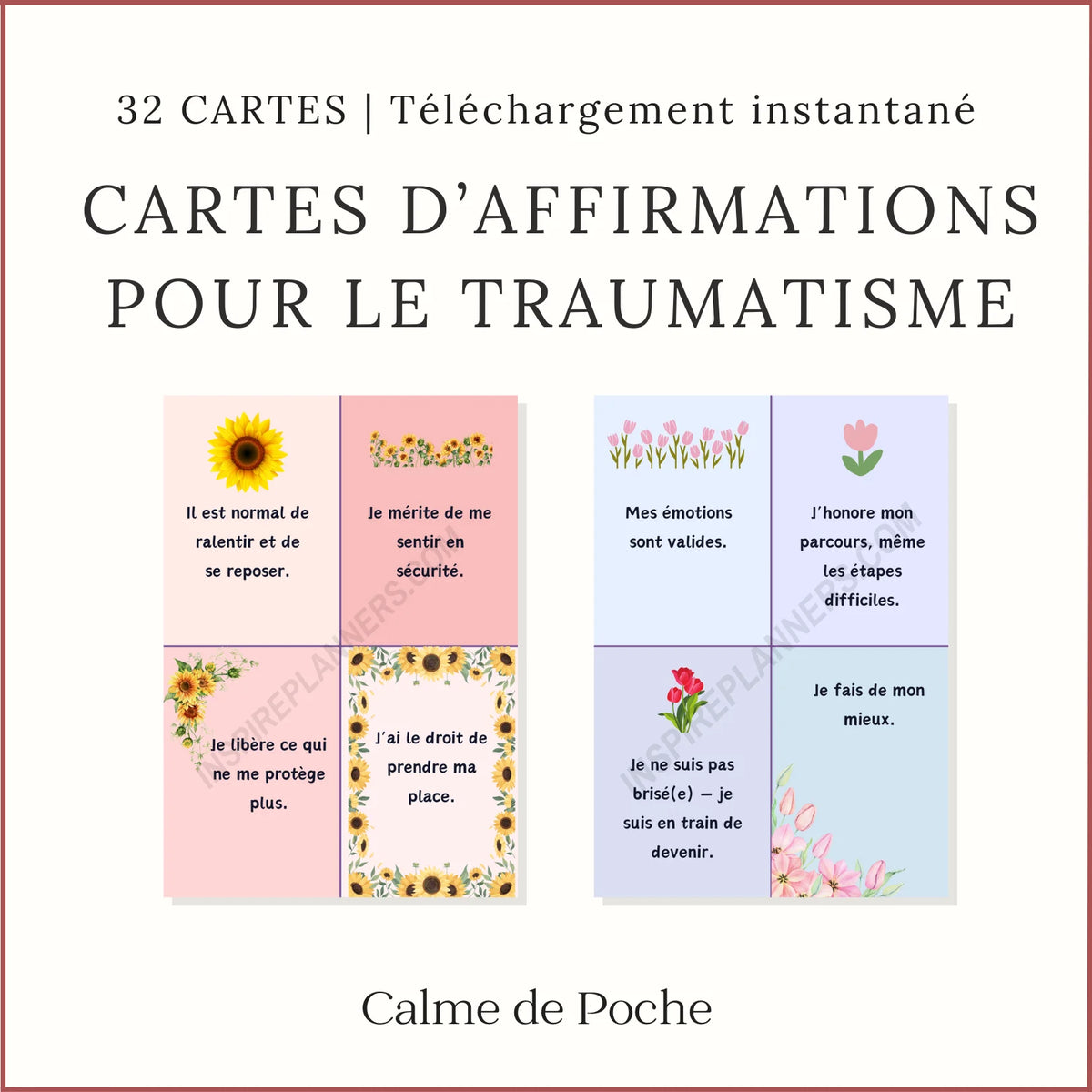 Ensemble de 32 cartes d’affirmations sur le traumatisme en français, illustrées de fleurs sur des fonds pastel.