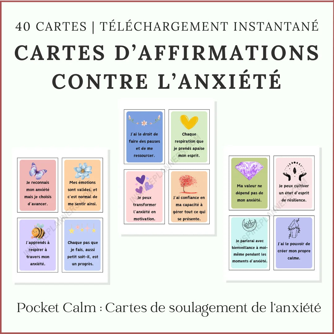 Cartes de compétences anxiété (format poche) : ancrage, respiration et autocompassion.
