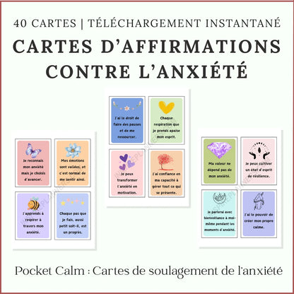 Cartes de compétences anxiété (format poche) : ancrage, respiration et autocompassion.
