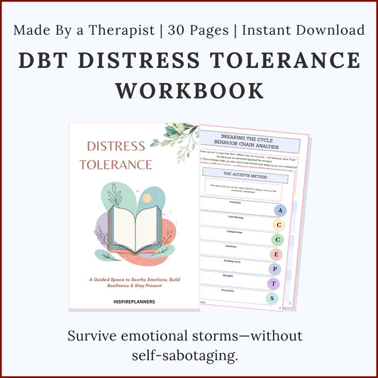 DBT Distress Tolerance Workbook cover and sample pages showing ACCEPTS method and behavior chain analysis for emotional resilience.