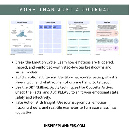 DBT Emotional Regulation Journal pages with emotion surfing, trigger tracker, and DBT skills like Opposite Action and ABC PLEASE