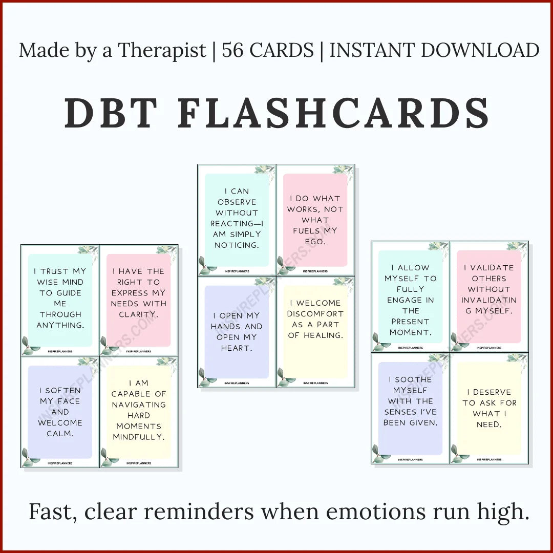 DBT Flashcards set with 56 printable cards featuring mindful reminders and affirmations for emotional regulation.