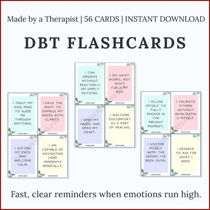 DBT Flashcards set with 56 printable cards featuring mindful reminders and affirmations for emotional regulation.