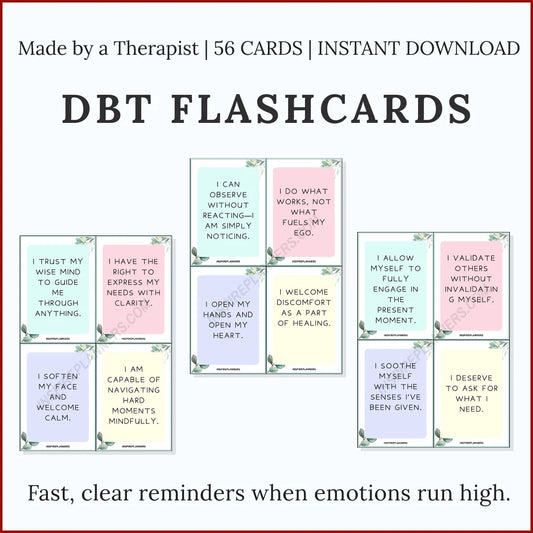 DBT Flashcards set with 56 printable cards featuring mindful reminders and affirmations for emotional regulation.