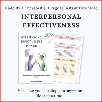 Interpersonal Effectiveness Toolkit cover and worksheets with goal planners and strategies for respectful relationships.