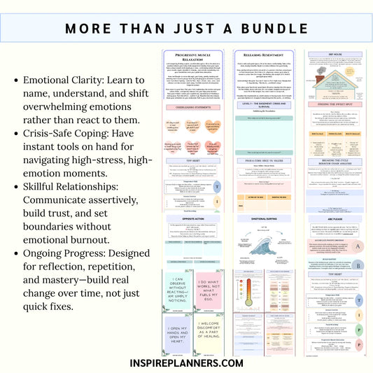Preview of DBT Mega Bundle worksheets including muscle relaxation, resentment release, emotional surfing, and boundaries tools.