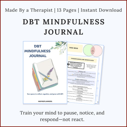 DBT Mindfulness Journal cover and sample worksheets for practicing mindfulness and emotional regulation.