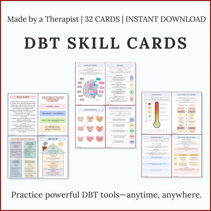 DBT Skill Cards printable pack with 32 cards including coping statements, self-soothing strategies, and DBT techniques.
