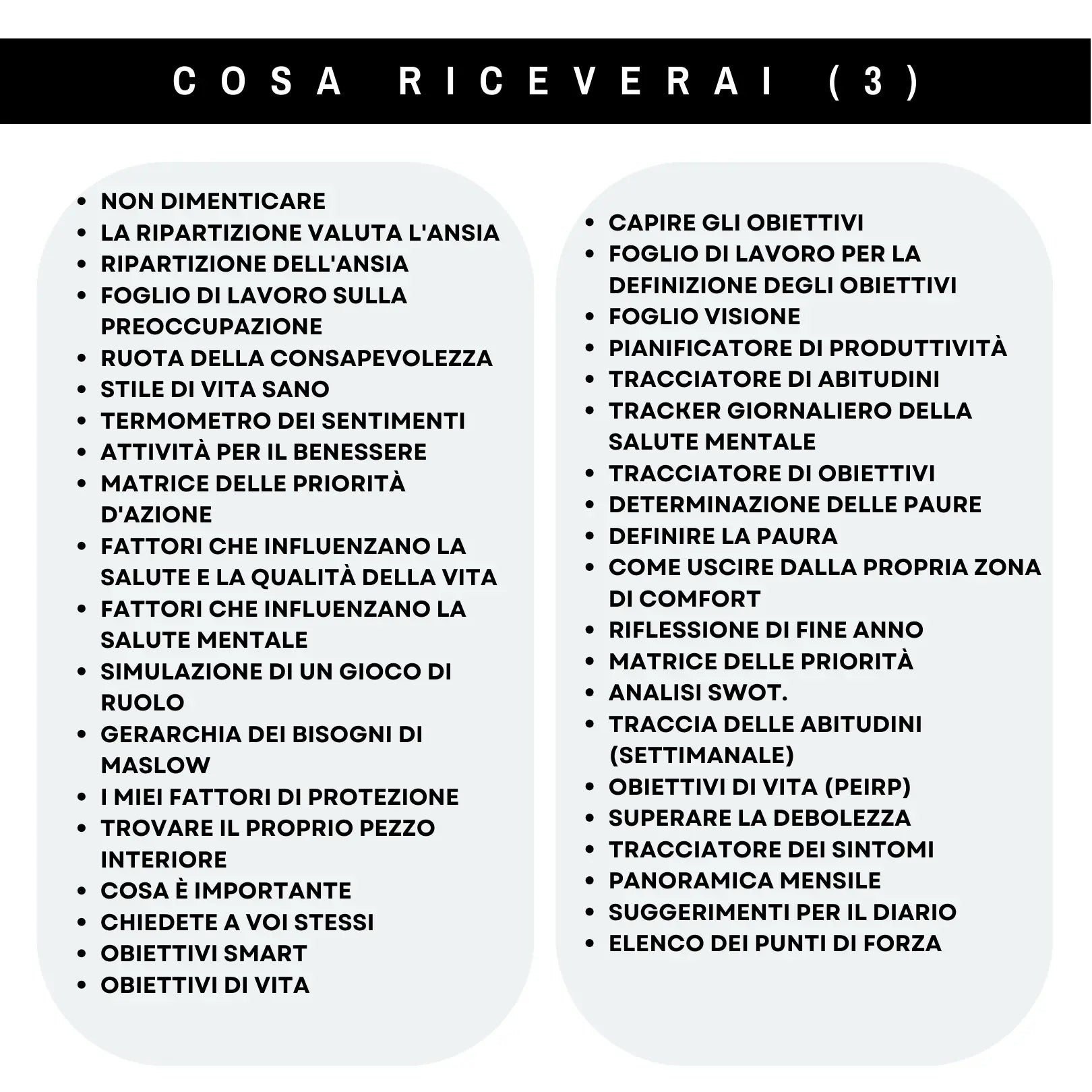 Dettagli finali del pacchetto: strumenti per obiettivi, autovalutazione e priorità per il benessere mentale.