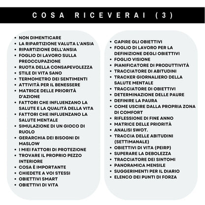 Dettagli finali del pacchetto: strumenti per obiettivi, autovalutazione e priorità per il benessere mentale.