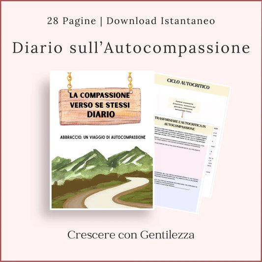 Diario dell’autocompassione in italiano, con copertina illustrata e schede sul ciclo autocritico e sulla gentilezza verso se stessi.