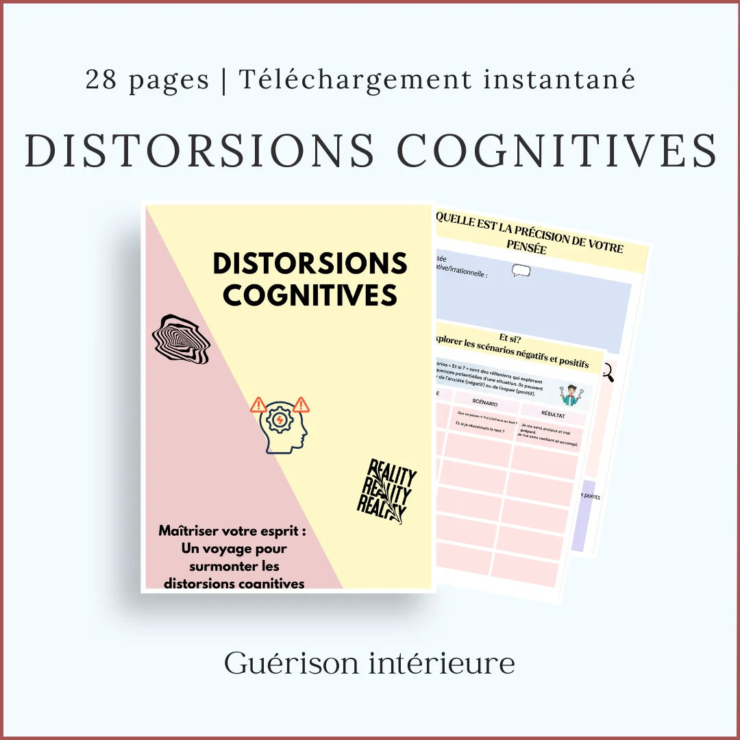 Fiches sur les distorsions cognitives : cahier de 28 pages pour reformuler ses pensées anxieuses.
