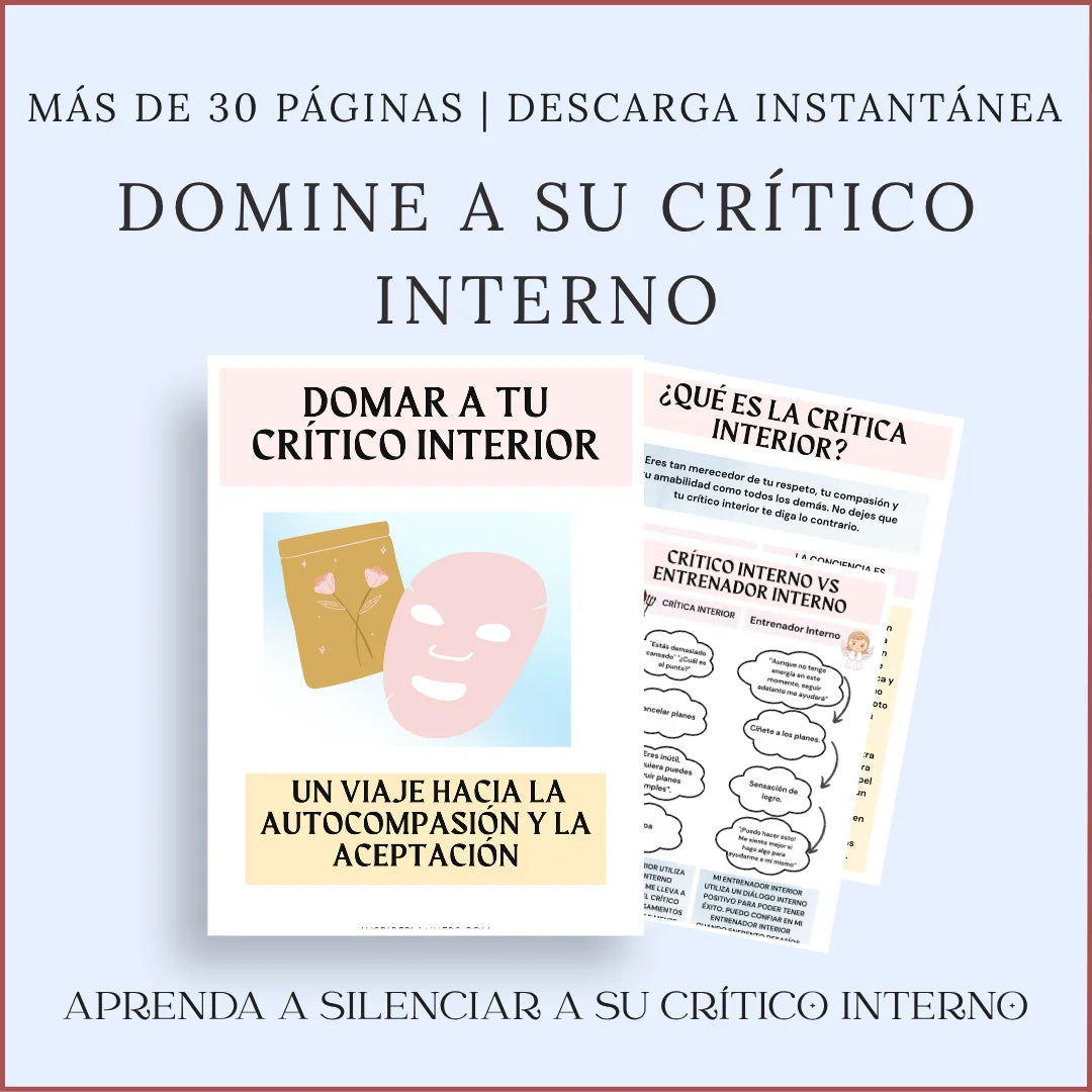 Ejercicios imprimibles para identificar la autocrítica, cuestionar pensamientos negativos y practicar la autocompasión.