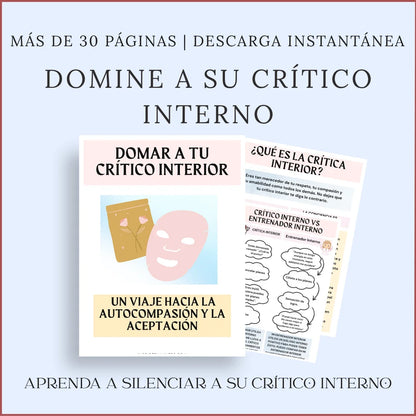 Ejercicios imprimibles para identificar la autocrítica, cuestionar pensamientos negativos y practicar la autocompasión.