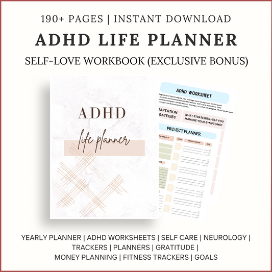 Promotional image for the Ultimate ADHD Planner And Worksheets (Kids and Adults) - English, showing a preview of over 190 pages with ADHD worksheets, self-care trackers, planners, goal setting tools, and more in this complete bundle.