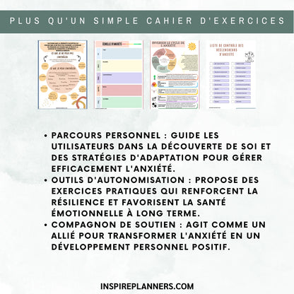 Aperçu des fiches sur l’anxiété en français : cercle de contrôle, échelle d’intensité, cycle de l’anxiété et liste des déclencheurs.