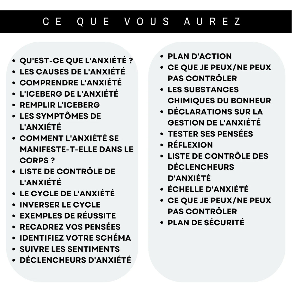Sommaire des fiches sur l’anxiété en français, avec symptômes, pensées, émotions, déclencheurs, plan d’action et plan de sécurité.