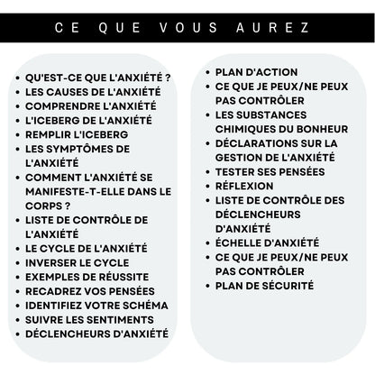 Sommaire des fiches sur l’anxiété en français, avec symptômes, pensées, émotions, déclencheurs, plan d’action et plan de sécurité.