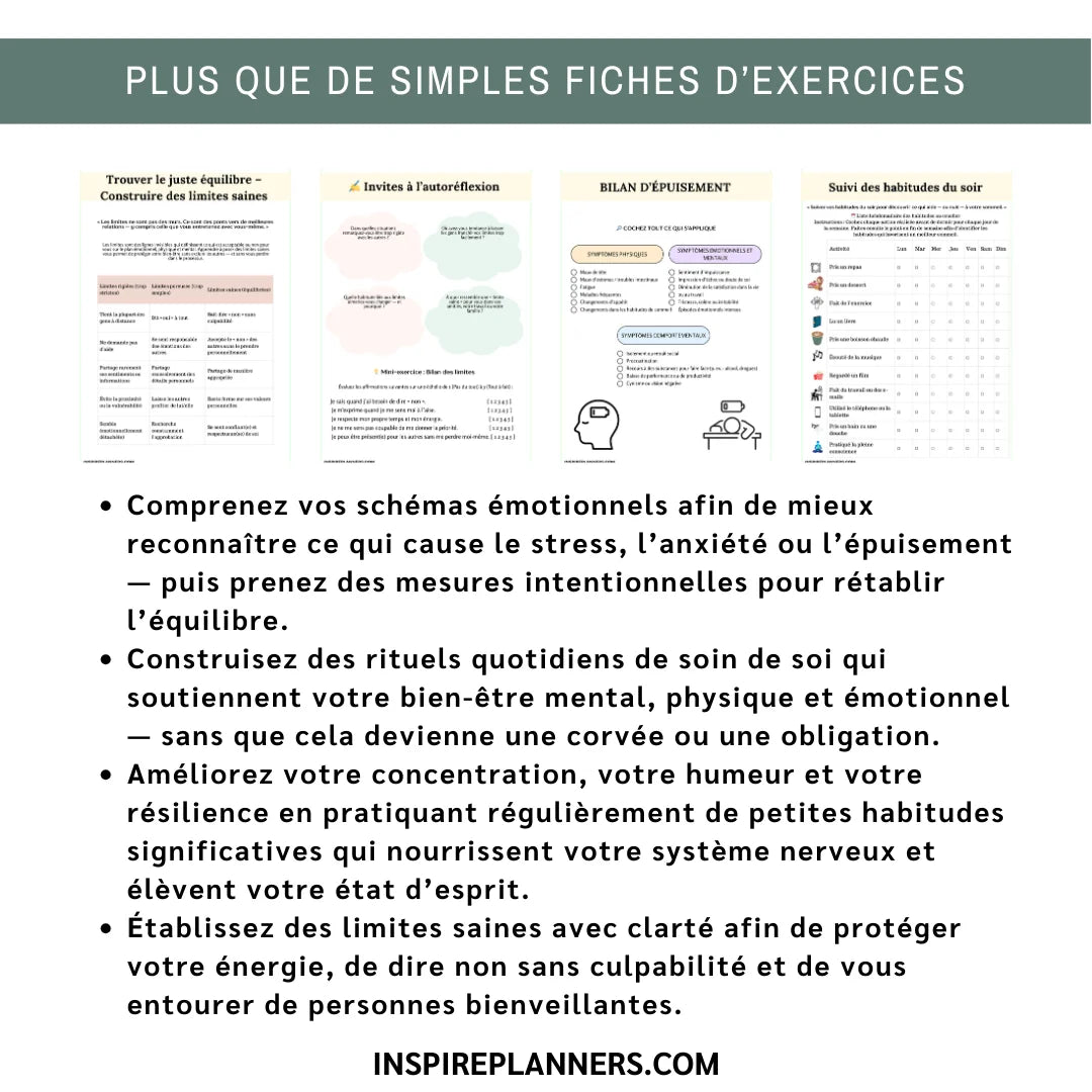 Fiches d’exercices de santé mentale imprimables avec TCC, pleine conscience et suivi d’habitudes pour bien-être émotionnel.