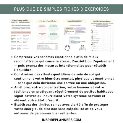 Fiches d’exercices de santé mentale imprimables avec TCC, pleine conscience et suivi d’habitudes pour bien-être émotionnel.