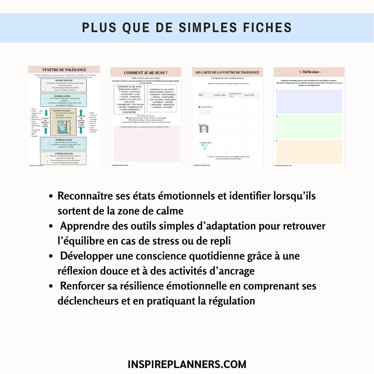 Aperçu des fiches sur la fenêtre de tolérance en français : bilan émotionnel, carte personnelle des zones et questions de réflexion.
