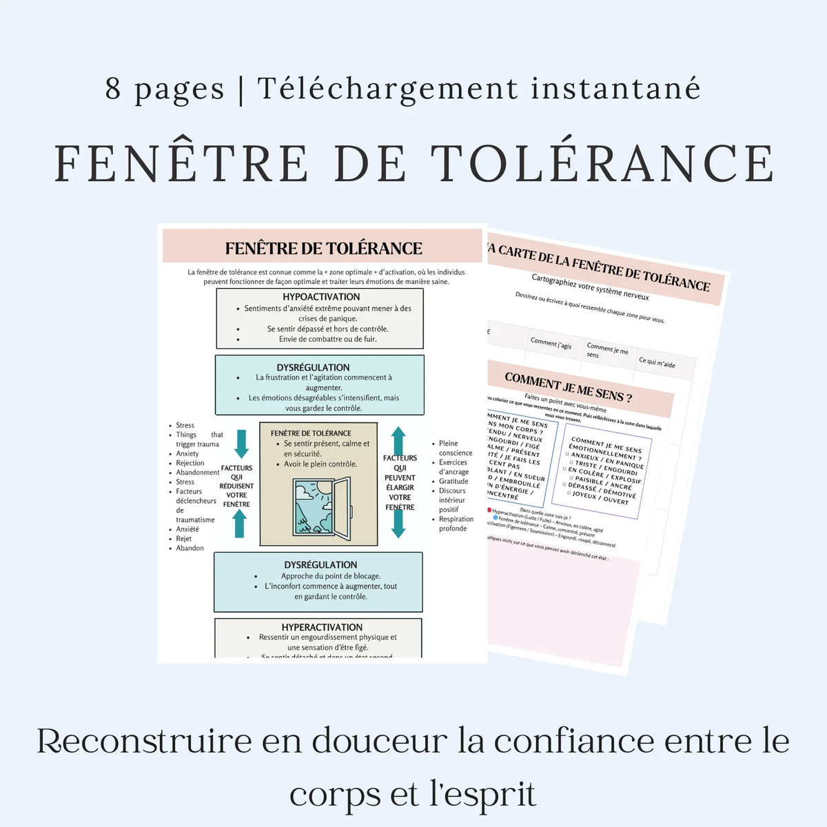 Fiches sur la fenêtre de tolérance en français : schéma de régulation émotionnelle et exercices pour reconnaître son état.