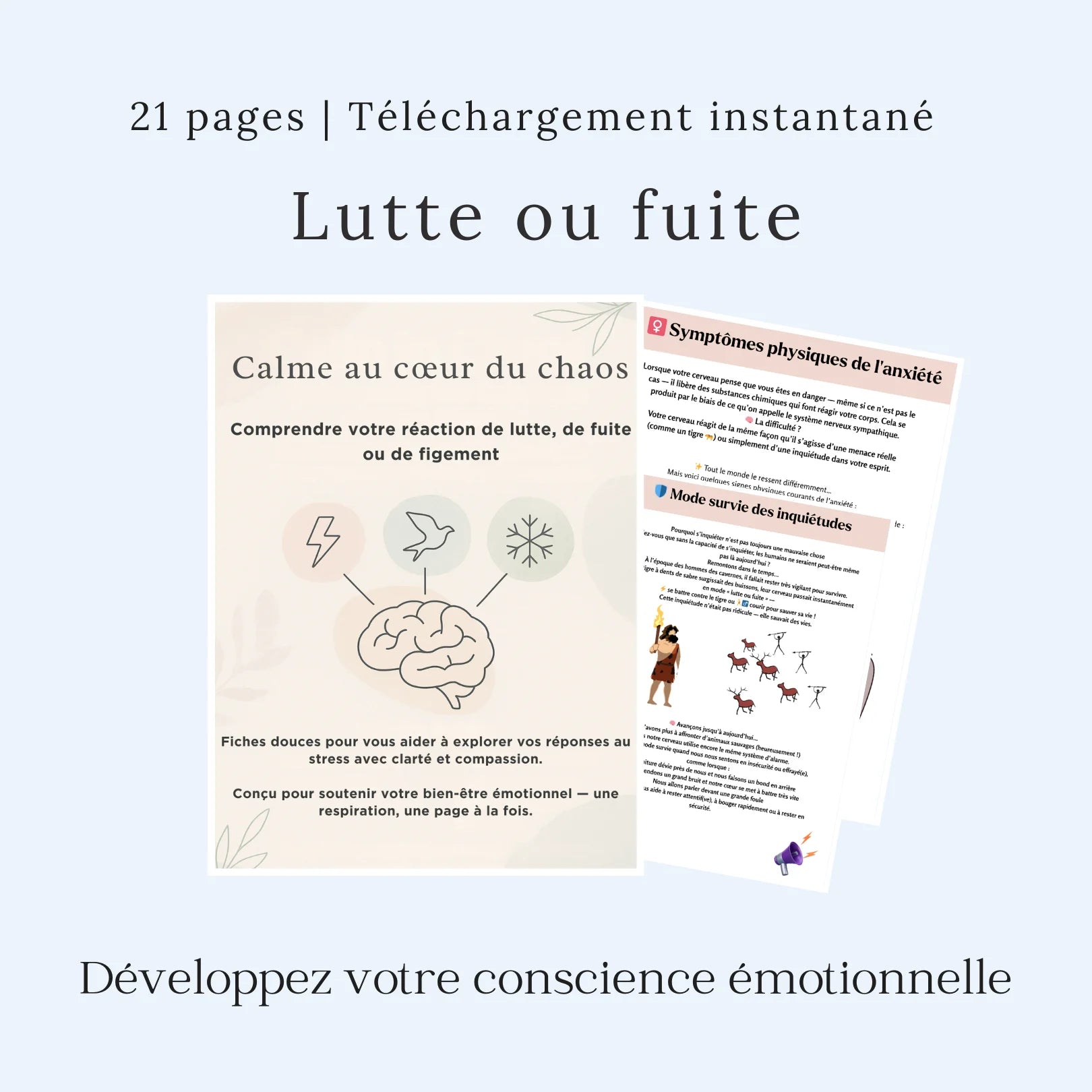 Fiches PDF Lutte ou Fuite en français – 21 pages d’exercices pour explorer vos réactions émotionnelles.