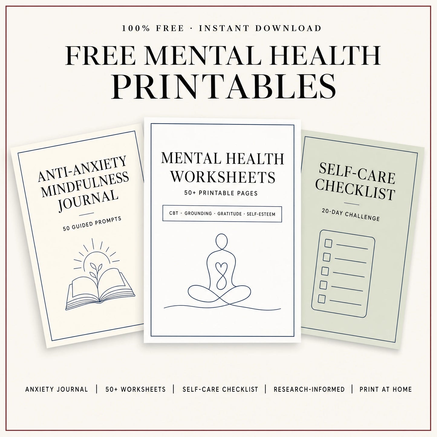 Free mental health printables — anti-anxiety mindfulness journal, 50+ worksheets and self-care checklist covers from Inspire Planners