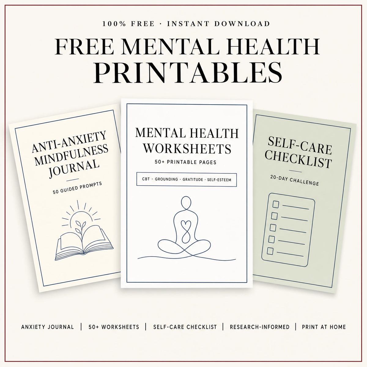 Free mental health printables — anti-anxiety mindfulness journal, 50+ worksheets and self-care checklist covers from Inspire Planners